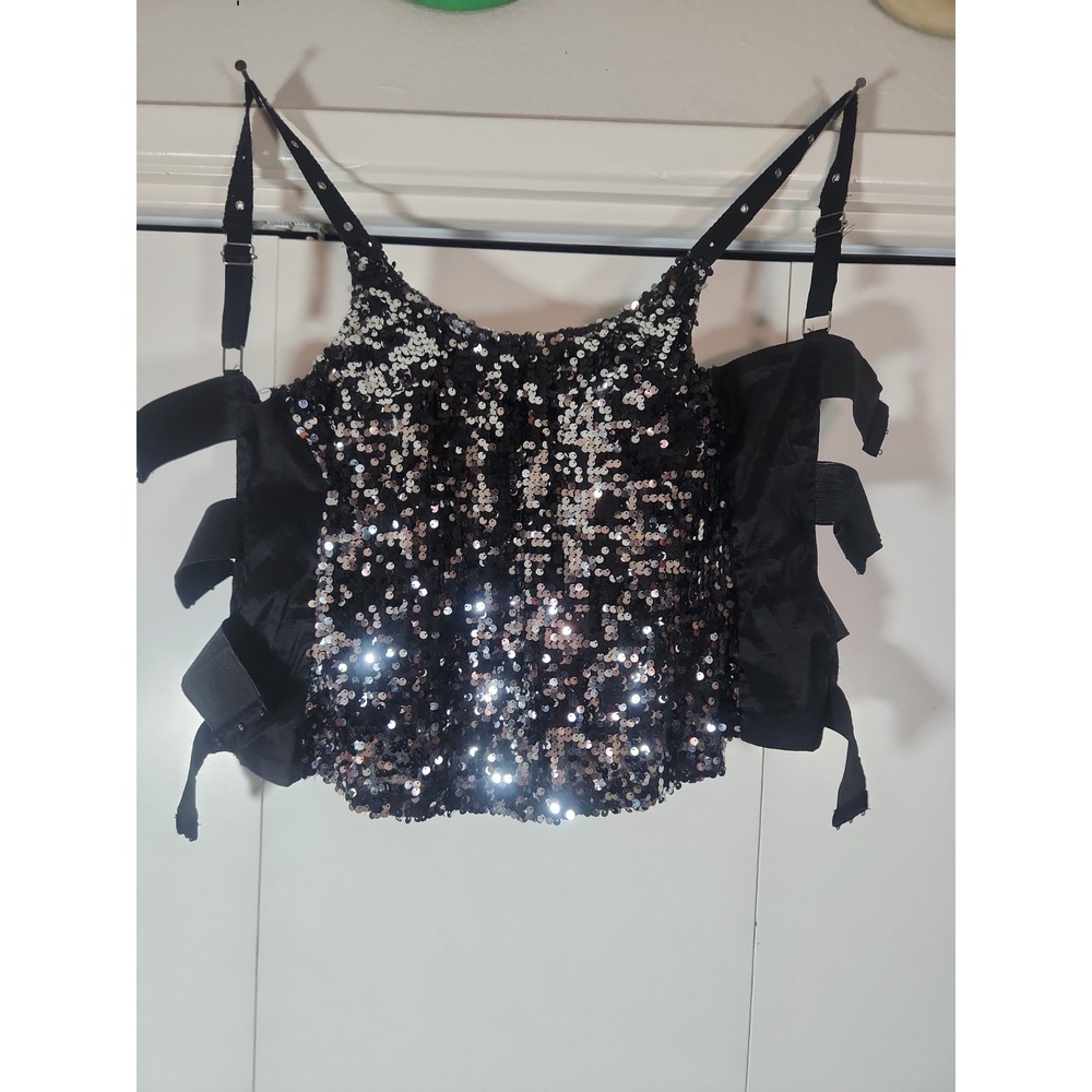 Vintage Y2K black silver sequin top Oh Yes Camisol Shirt Festival Large